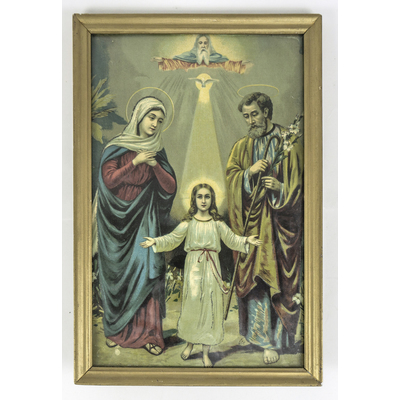 SLM 38715 - Religiöst oljetryck, inramat motiv, Maria, Josef och Jesusbarnet
