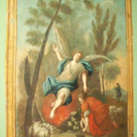 SLM 10852 5 - Väggmålning i tempera, Moses och den brinnande busken, från 1700-talets förra hälft