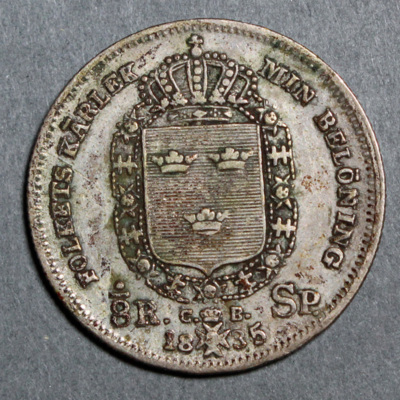 SLM 16508 - Mynt, 1/8 riksdaler specie silvermynt 1835, Karl XIV Johan