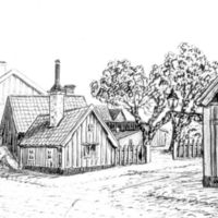 SLM M022156 - Östra Kvarngatan-Skjutsaregatan i Nyköping, teckning av Knut Wiholm
