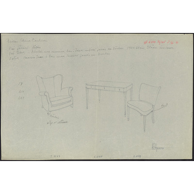 SLM D2022-0586 - Liten fåtölj, bord och stol, ritning av Axel Einar Hjorth
