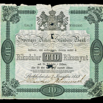 SLM 16997 1 - Sedel, 10 Riksdaler Riksmynt 1859
