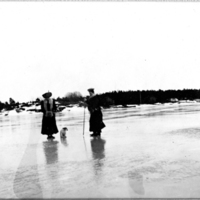 SLM P09-1340 - ”Louise” med sällskap och (sannolikt) hunden Tossan på isen, tidigt 1900-tal