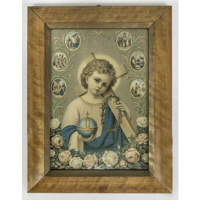 SLM 38722 - Religiöst oljetryck, inramat motiv, allegorisk scen med Jesusbarnet