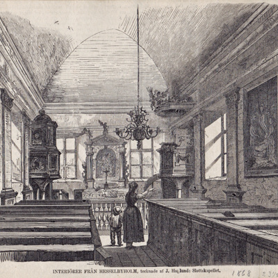 SLM 15923 - Interiörer från Hesselbyholm, slottskapellet, 1868, tidningsklipp
