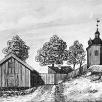 SLM M021750 - Stora Bergsgränd i Nyköping, teckning av Knut Wiholm
