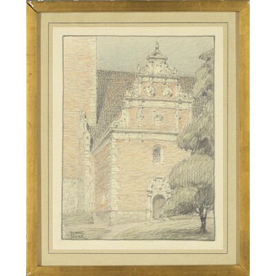 SLM 5706 - Inramad akvarellerad teckning av Ferdinand Boberg, Jäders kyrka