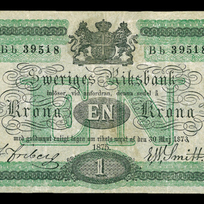 SLM 15636 5 - Sedel, 1 Krona 1875, så kallad kotia