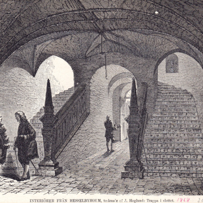SLM 15924 - Interiörer från Hesselbyholm, trappa i slottet, 1868, tidningsklipp