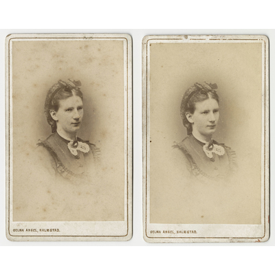 SLM P2021-0005 1-2 - Två visitkort, foto på kvinna 1880-tal, har tillhört konstnären Bodil Güntzel