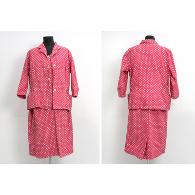 SLM 39357 1-2 - Dräkt, klänning och jacka av prickigt thaisiden, från Ökna i Floda socken