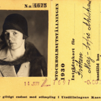 SLM 32136 - Inträdeskort till Stockholmsutställningen 1930 för Maj-Sofi Ahlstrand