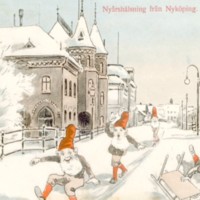 SLM M025519 - Nyårshälsning från Nyköping. Tecknat vykort.