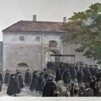 SLM 14030 - Akvarell, Gustav II Adolf jordafärd utanför Porthuset i Nyköping, av Göte Göransson