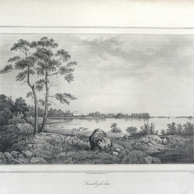 SLM 12249 - Litografi, Sundbyholms slott av Johan Strömer efter motiv av Bennet