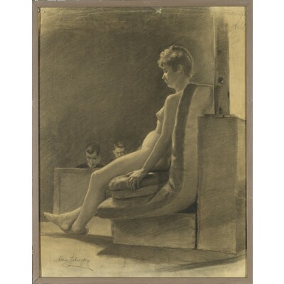 SLM 52236 - Inramad kolteckning av Albin Jerneman (1868-1953), sittande naken kvinna
