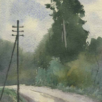 SLM 4841 - Akvarell, sörmländsk väg med telegrafstolpe, av Charlotte Lewenhaupt