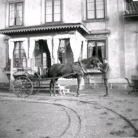 SLM Ö595 - Man med häst och vagn framför byggnad