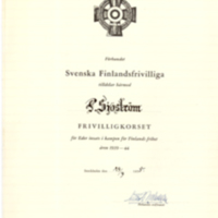 SLM 33690 2 - Paul Sjöströms diplom, efter medverkan i Finska kriget