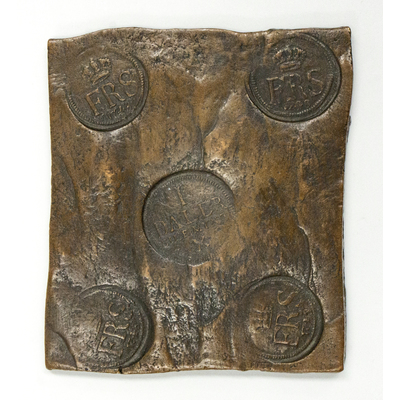 SLM 15464 3 - Fyrkantigt kopparmynt, 9,8 x 11,2 cm, valör 1 daler silvermynt, Fredrik I år 1748