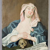 SLM 21042 - Oljemålning, kvinna med dödskalle, från Berga, Fogdö socken