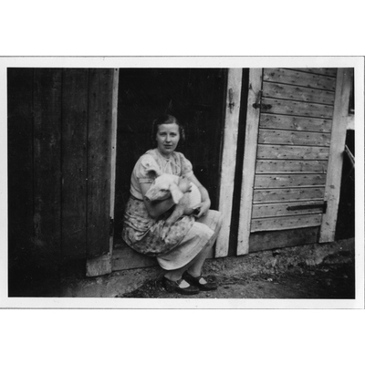 SLM P2021-0325 - Ingrid Lindberg med griskulting på Sandhälla gård i Hölö 1939