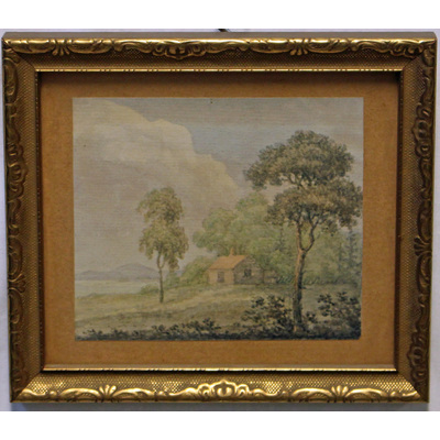 SLM 10093 - Målning, landskap med hus, av Gustaf August Lillja (1798-1884)
