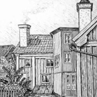 SLM M020925 - Bagaregatan 17-19 i Nyköping, teckning av Knut Wiholm