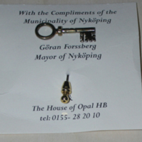 SLM 33822 1-2 - Nål av mässing, en nyckel, utdelad till deltagarna vid utrikesministermötet 2001