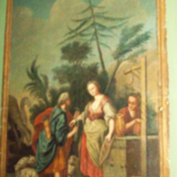 SLM 10852 2 - Väggmålning i tempera, Isaks tjänare och Rebecka, från 1700-talets förra hälft