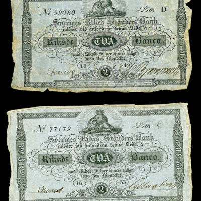 SLM 16988 1-2 - Två sedlar, 2 Riksdaler Banco 1849 och 1853