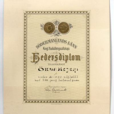 SLM 40340 - Diplom till Ökna Mejeri för smör 1922, Ökna i Floda socken