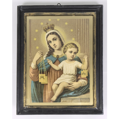 SLM 38713 - Religiöst oljetryck, inramat motiv, himlamodern Maria med Jesusbarnet