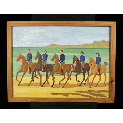 SLM 50397 - Oljemålning av Bodil Güntzel (1903-1998), blåklädda ryttare på stranden 1949