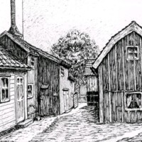 SLM KW9 - Gårdsinteriör från Östra Kyrkogatan 27 i Nyköping, teckning av Knut Wiholm