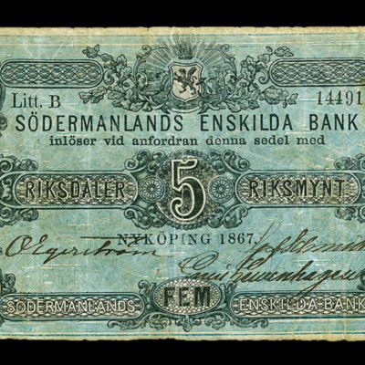SLM 15636 3 - Sedel, 5 Riksdaler Riksmynt 1867
