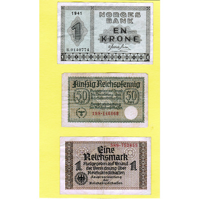 SLM 37916 9-11 - Två tyska sedlar, en riksmark och 50 pfennig, samt en norsk sedel, 1 krona