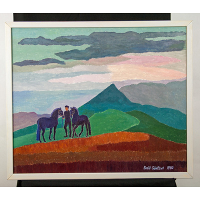 SLM 50387 - Oljemålning av Bodil Güntzel (1903-1998), man med två hästar 1980