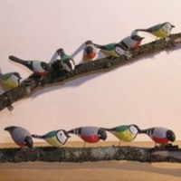 SLM 33225 1-14 - Påskrisdekoration, små fåglar av målat trä försedda med metallstift