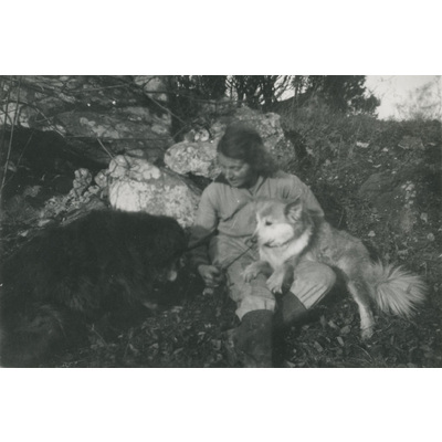 SLM P07-715 - Karin Hall med hundar i skogen