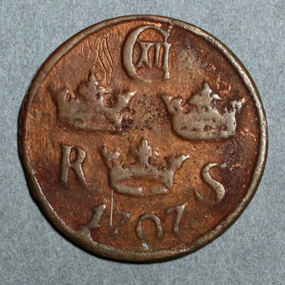 SLM 16227 - Mynt, 1/6 öre kopparmynt typ I 1707, Karl XII