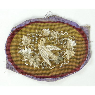SLM 59257 - Broderi med glaspärlor och ylletråd på lila stramalj, troligen en tavla, sent 1800-tal