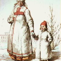 SLM M013109 - Litografi, kvinna och barn i vinterdräkt