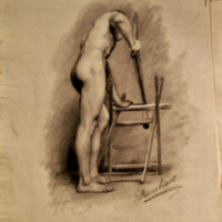 SLM 7154 1 - Kolteckning, akt med naken man som sågar, Bernhard Österman (1870-1938).