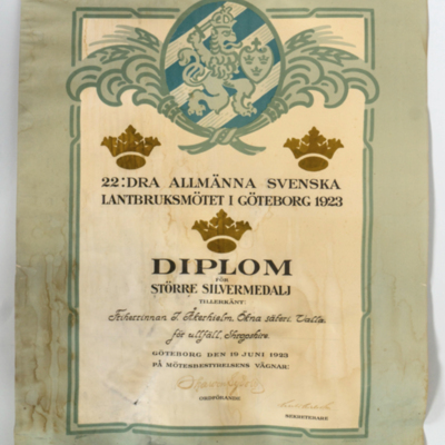 SLM 40341 - Diplom för ullfäll, Shopshire 1923, Ökna i Floda socken