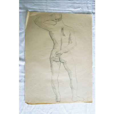 SLM 50018 - Krokiteckning av Bodil Güntzel (1903-1998), motiv med naken man bakirfrån