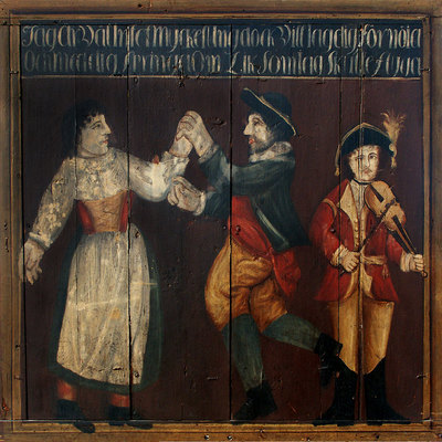 SLM 4103 - Oljemålning från Brunnsta, dansande allmogepar, tidigt 1800-tal