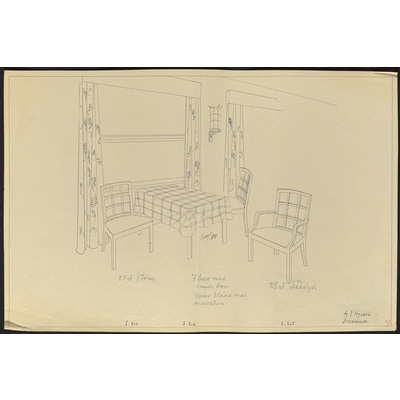SLM D2022-0561 - Stolar, fåtöljer och bord till matsal, ritning av Axel Einar Hjorth