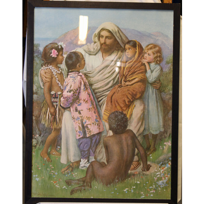 SLM 11115 - Inramad skolplansch, bibliskt motiv, Jesus och barnen efter målning av Harald Kopping