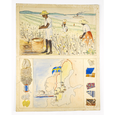SLM 59514 5-3 - Skolplansch, akvarell, framställning av bomull, med textilprover